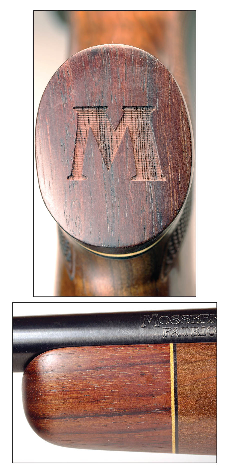 A rosewood grip cap (above) and forend tip (below) give the Revere a touch of ornamentation.